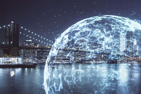 Multi exposure of social network theme drawing and cityscape background. Concept of people connecton.の写真素材