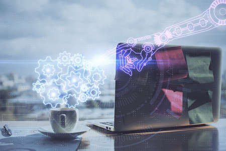 Double exposure of computer and technology theme hologram. Concept of freelance work.
