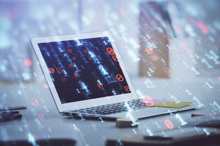 Technology theme drawing and work space with computer. Multi exposure. Concept of innovation.