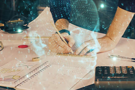 Haman brain double exposure icon with man hands background. Concept of Ai.