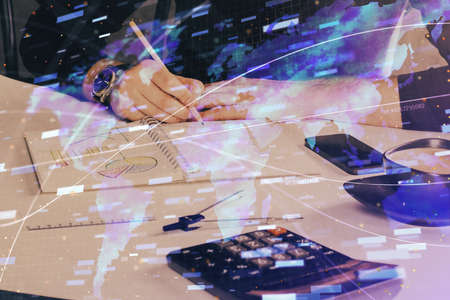 Mans hands with technology theme multi exposure icons. Concept of big data.