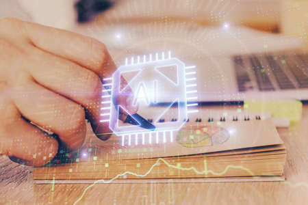 Humans hands with technology theme double exposure icons. Concept of big data.
