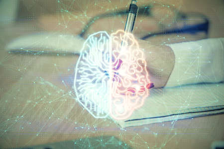 Multi exposure of womans writing hand on background with brain hologram. Concept of brainstorming.