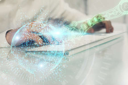 Multi exposure of tech drawings with man working on computer background. Concept of innovation.