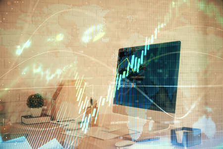 Double exposure of stock market graph drawing and office interior background. Concept of financial...