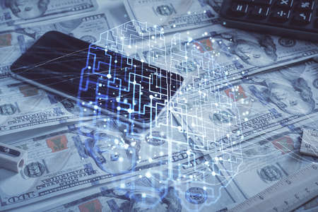 Double exposure of brain drawing over us dollars bill background. Technology concept.の写真素材