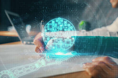 Double exposure of blockchain theme drawing over people taking notes background. Concept of...