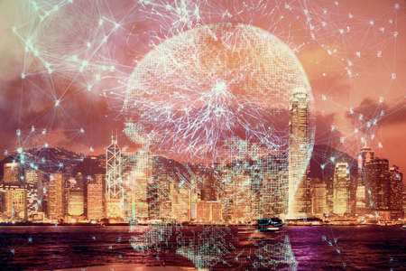 Brain hologram drawing on city scape background Double exposure. Brainstorming concept.