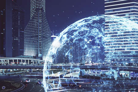 Multi exposure of social network theme drawing and cityscape background. Concept of people...