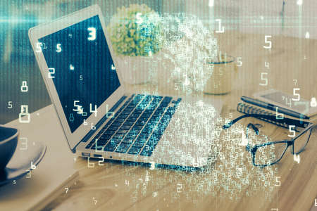 Double exposure of table with computer on background and data theme drawing. Concept of innovation.