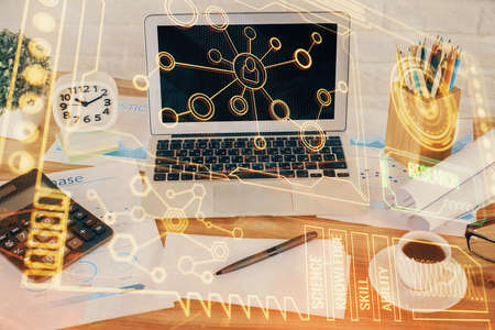 Multi exposure of desktop with computer on background and tech theme drawing. Concept of big data.の写真素材