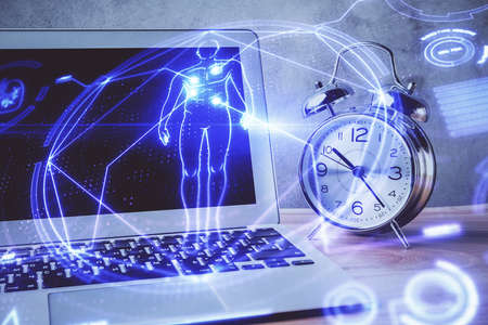 Desktop computer background and education theme drawing. Double exposure. Study concept.