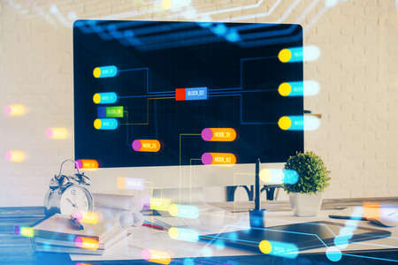 Double exposure of desktop with computer on background and tech theme drawing. Concept of big data.