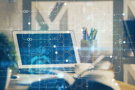 Double exposure of desktop with personal computer on background and tech theme drawing. Concept of...