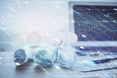 Technology theme drawing and table with computer. Double exposure. Concept of information.