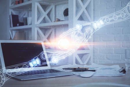Double exposure of computer and technology theme hud. Concept of innovation.の写真素材