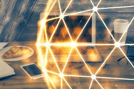Computer on desktop with social network theme icon. Multi exposure. Concept of international...