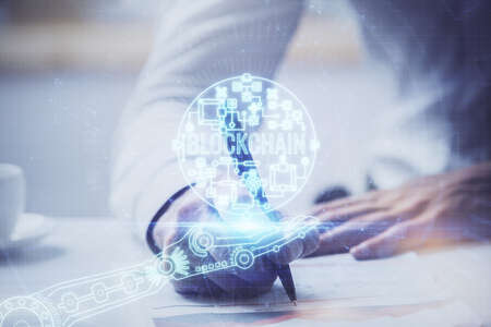 Businessman with hands background. Multi exposure with crypto currency concept.の写真素材