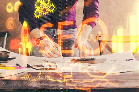 Man's hands with seo theme double exposure icon. Concept of search optimization.
