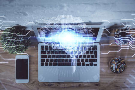 Multi exposure of brain sketch hologram over topview work table background with computer. Concept of big data.の写真素材