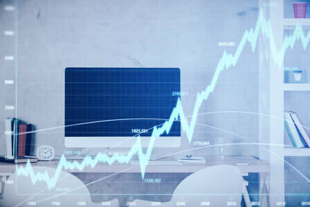 Multi exposure of stock market chart drawing and office interior background. Concept of financial...