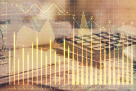Double exposure of financial chart drawings and desk with open notebook background. Concept of forex...