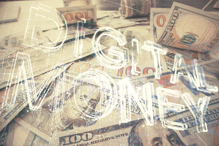 Multi exposure of crypto theme drawing over us dollars bill background. Concept of blockchain success.の写真素材