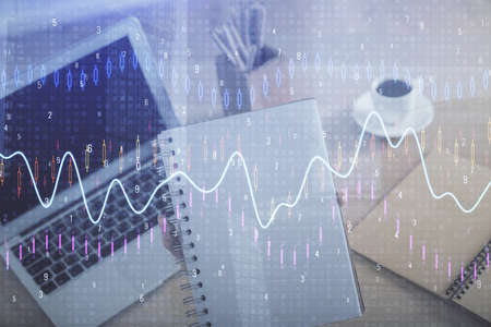 Double exposure of businesswoman hands typing on computer and forex chart hologram drawing....