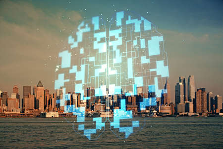 Data theme hologram drawing on city view with skyscrapers background multi exposure. Bigdata...