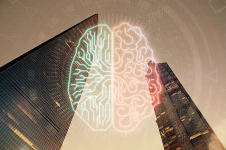 Brain hologram drawing on city scape background Double exposure. Brainstorming concept.