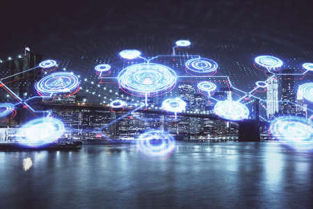 Multi exposure of social network theme drawing and cityscape background. Concept of people connecton.の写真素材