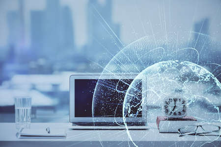 Computer on desktop with social network hologram. Double exposure. Concept of international people...