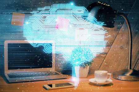 Double exposure of desktop computer and human brain drawing hologram. Ai concept.