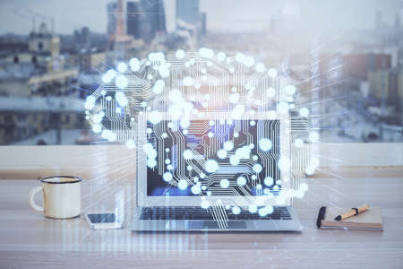 Multi exposure of work space with computer and human brain hologram. Brainstorm concept.の写真素材