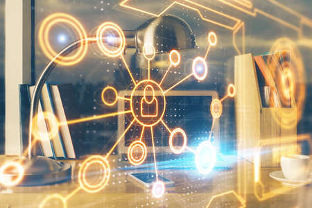 Computer on desktop with social network theme icon. Multi exposure. Concept of international...