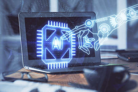 Multi exposure of computer on background and technology theme drawing. Concept of innovation.の写真素材