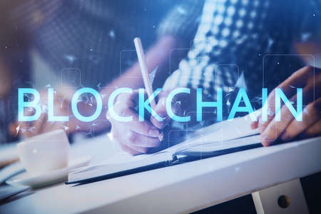 Businessman with hands background. Multi exposure with crypto currency concept.