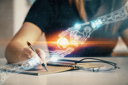 Multi exposure of womans writing hand on background with data technology hud. Concept of innovation.