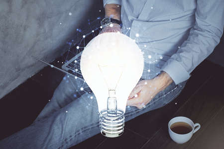 Growing arrows with businessman working on computer on background. Success concept. Double exposure.