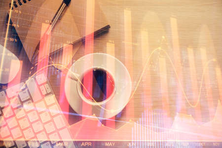 Multi exposure of forex chart drawing and work table top veiw. Concept of financial analysis.の写真素材