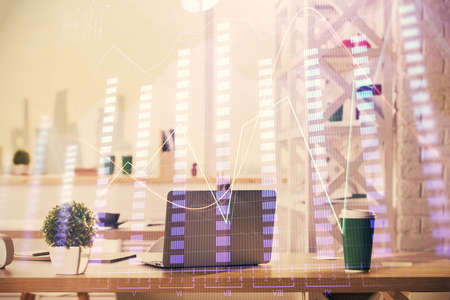 Double exposure of stock market graph drawing and office interior background. Concept of financial...