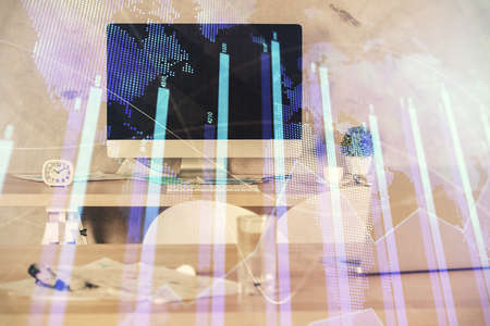 Multi exposure of financial graph drawing and office interior background. Concept of market...