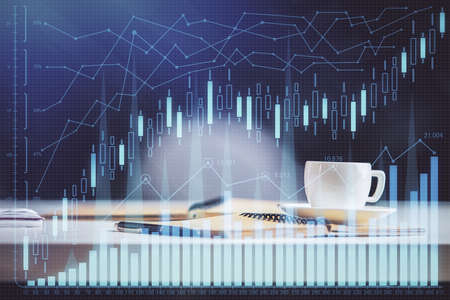 Multi exposure of forex graph drawing and desktop with coffee and items on table background. Concept...