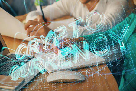 Double exposure of blockchain theme drawing over people taking notes background. Concept of cryptocurrencyの写真素材