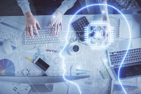 Double exposure of man and woman working together and human brain hologram drawing. Brainstorm...