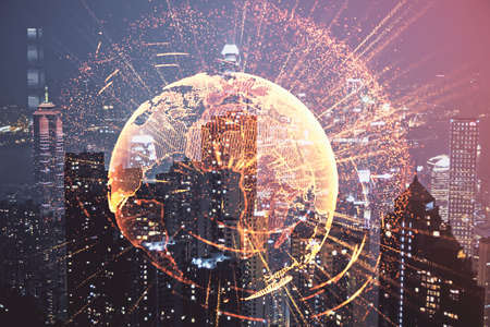 Multi exposure of social network theme drawing and cityscape background. Concept of people...