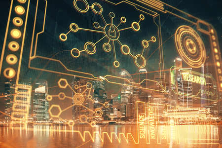 Data theme hologram drawing on city view with skyscrapers background multi exposure. Ai concept.の写真素材