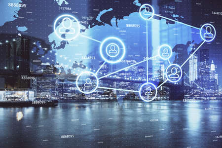Multi exposure of social network theme drawing and cityscape background. Concept of people connecton.の写真素材