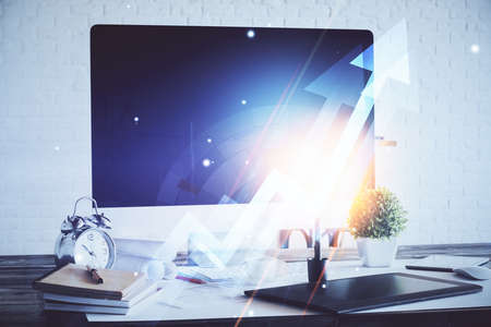 Computer on desktop with point up arrows hologram. Double exposure. Concept of success.