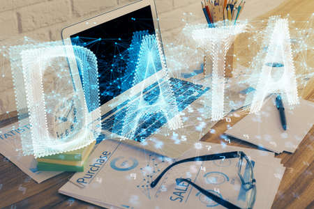 Multi exposure of desktop with computer on background and tech theme drawing. Concept of big data.